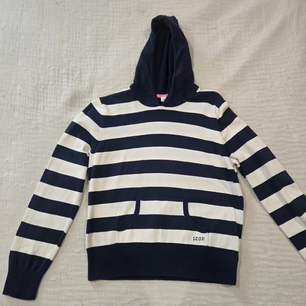 Izod Striped Hoodie in Navy and Cream